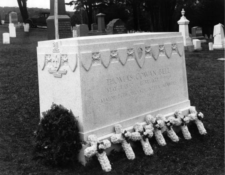 Crosses made from white flowers line the base of the Thomas Cowan Bell Memorial Monument located in the Presidio of San Francisco. The Fraternity dedicated its monument to Founder Bell, MIAMI (OHIO) 1857, in 1933.